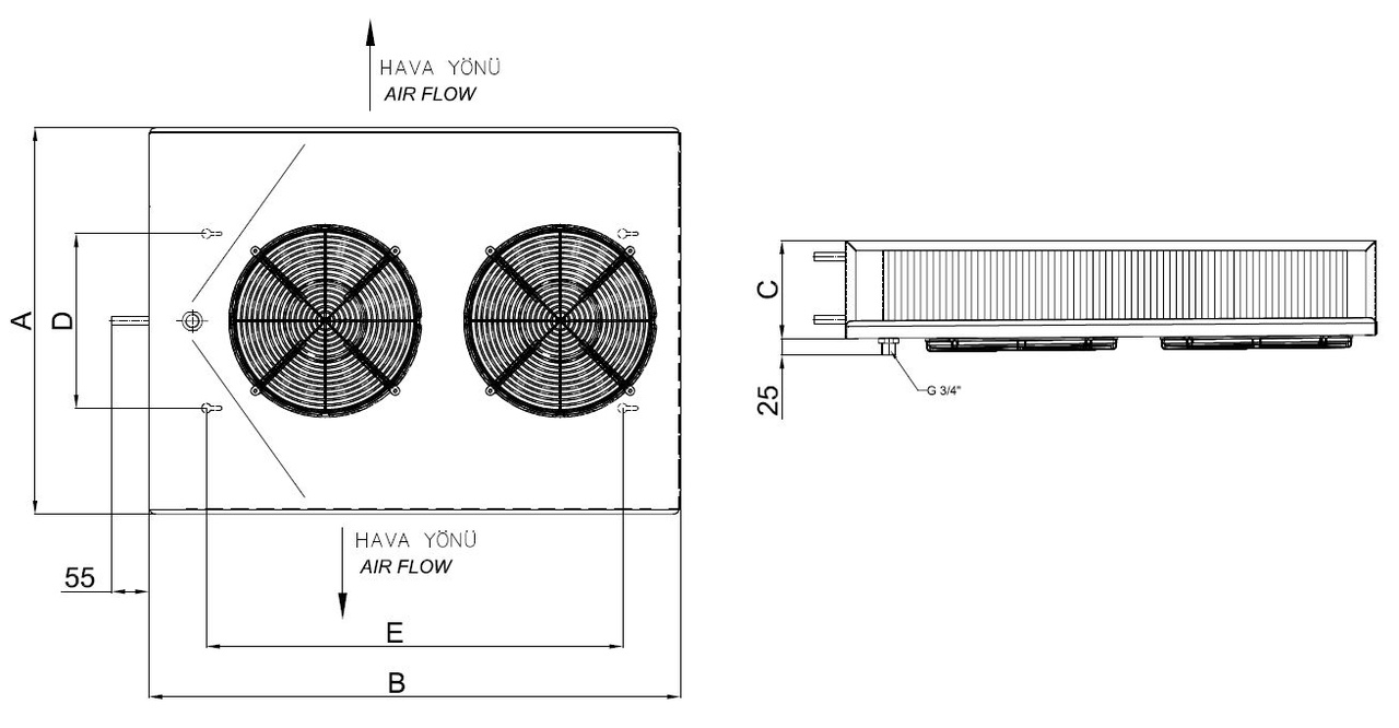 رسم الأبعاد للطراز ED-A-A-225AC6-B24 C